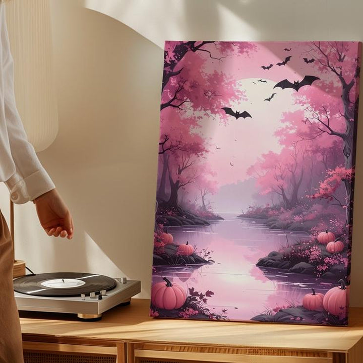 Elegant Pink Woodland Canvas – Winding River & Halloween Pumpkins Art - Gifitto