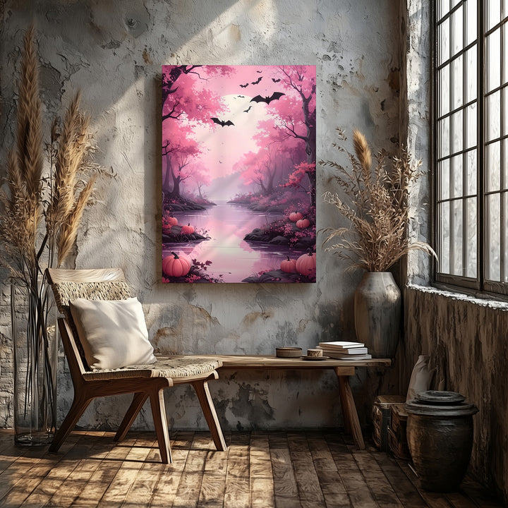 Elegant Pink Woodland Canvas – Winding River & Halloween Pumpkins Art - Gifitto