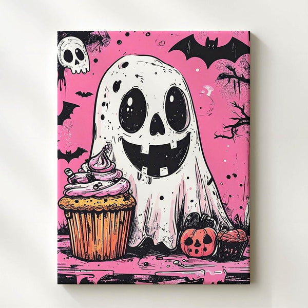 Playful Ghost & Spooky Cupcake Canvas – Cute Comic-Style Halloween Art - Gifitto