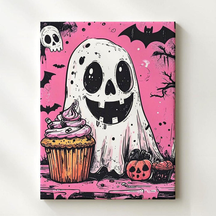 Playful Ghost & Spooky Cupcake Canvas – Cute Comic-Style Halloween Art - Gifitto