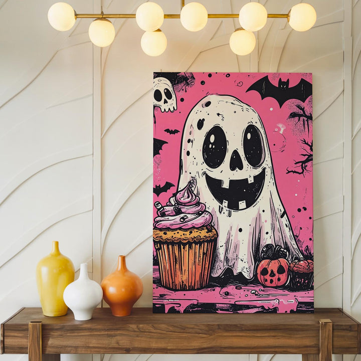 Playful Ghost & Spooky Cupcake Canvas – Cute Comic-Style Halloween Art - Gifitto
