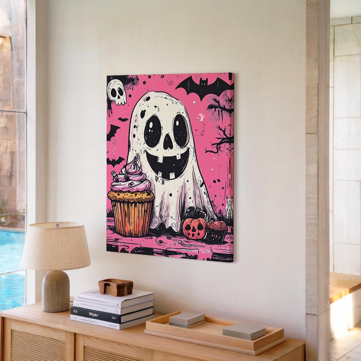 Playful Ghost & Spooky Cupcake Canvas – Cute Comic-Style Halloween Art - Gifitto
