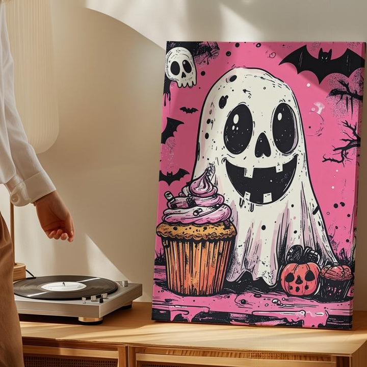 Playful Ghost & Spooky Cupcake Canvas – Cute Comic-Style Halloween Art - Gifitto