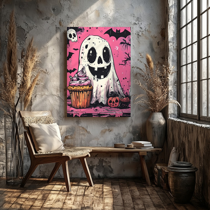 Playful Ghost & Spooky Cupcake Canvas – Cute Comic-Style Halloween Art - Gifitto