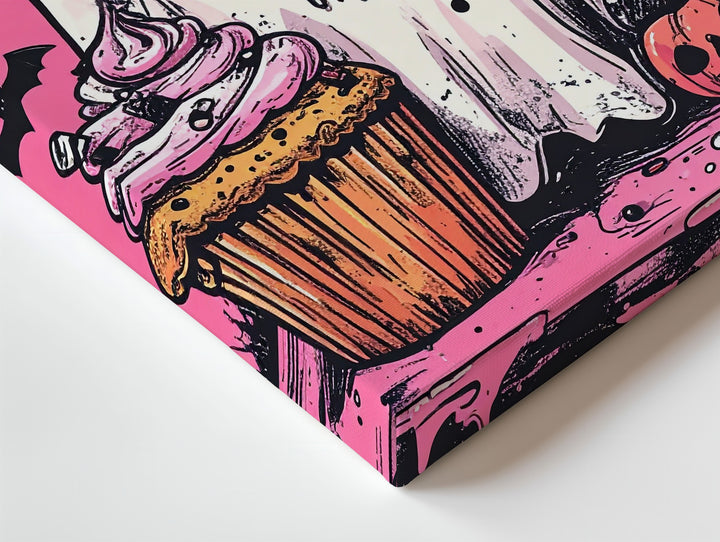 Playful Ghost & Spooky Cupcake Canvas – Cute Comic-Style Halloween Art - Gifitto