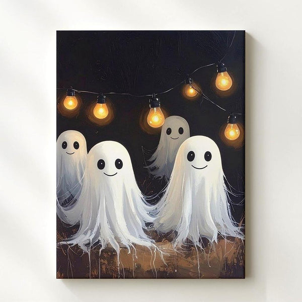Smiling Ghost Garland Canvas – Playful Halloween Lights & Spirits Wall Art - Gifitto