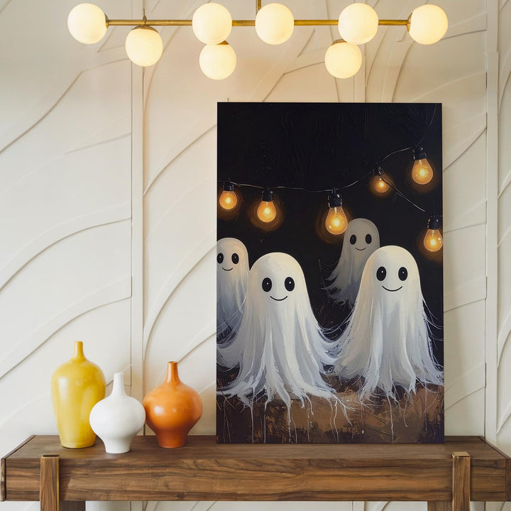 Smiling Ghost Garland Canvas – Playful Halloween Lights & Spirits Wall Art - Gifitto