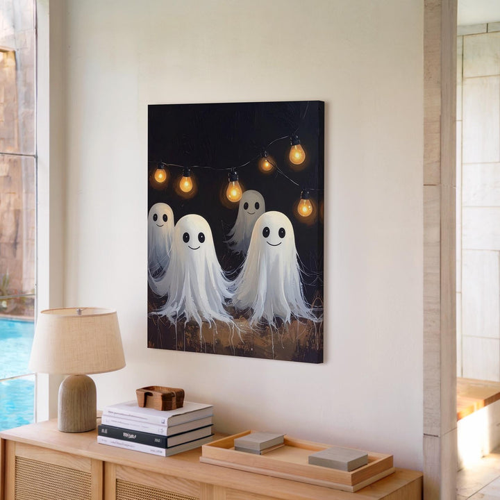 Smiling Ghost Garland Canvas – Playful Halloween Lights & Spirits Wall Art - Gifitto