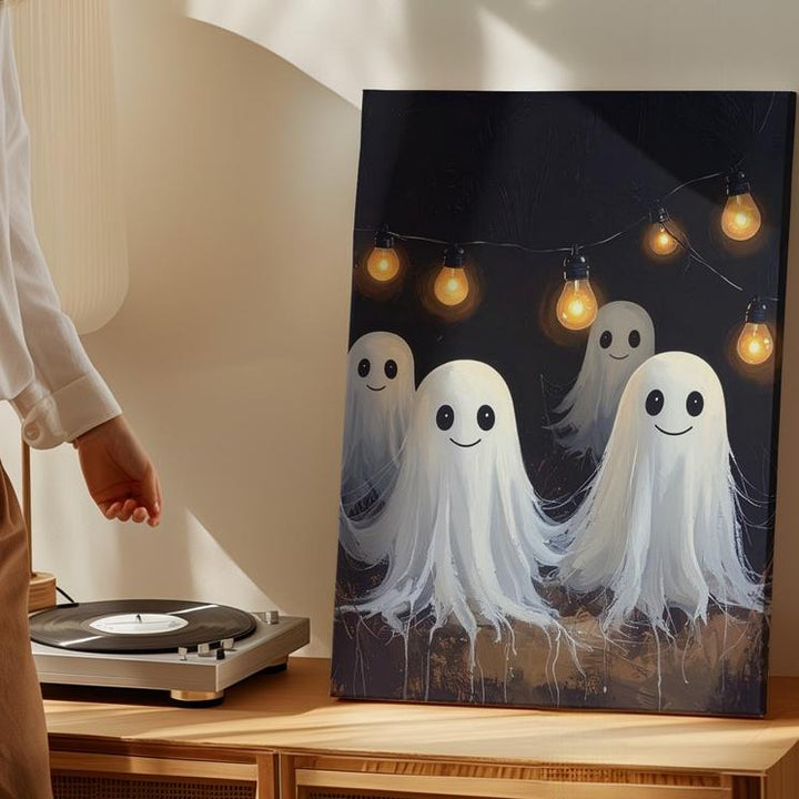 Smiling Ghost Garland Canvas – Playful Halloween Lights & Spirits Wall Art - Gifitto
