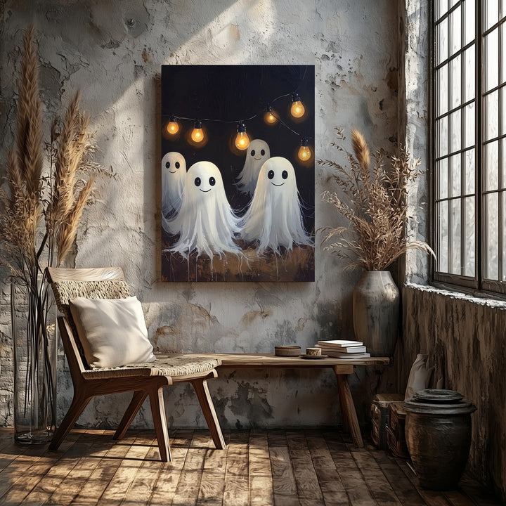 Smiling Ghost Garland Canvas – Playful Halloween Lights & Spirits Wall Art - Gifitto