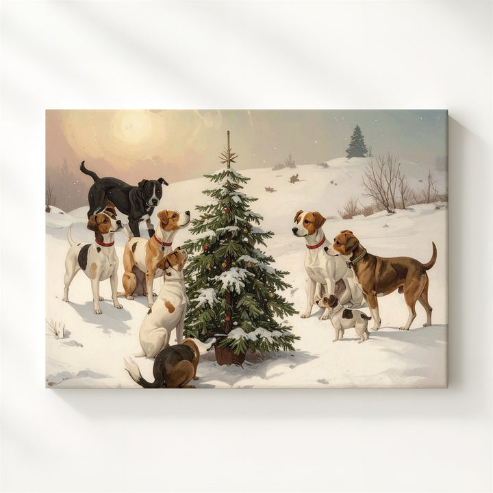 Playful Holiday Dogs Canvas – Festive Christmas Tree Pet Scene - Gifitto