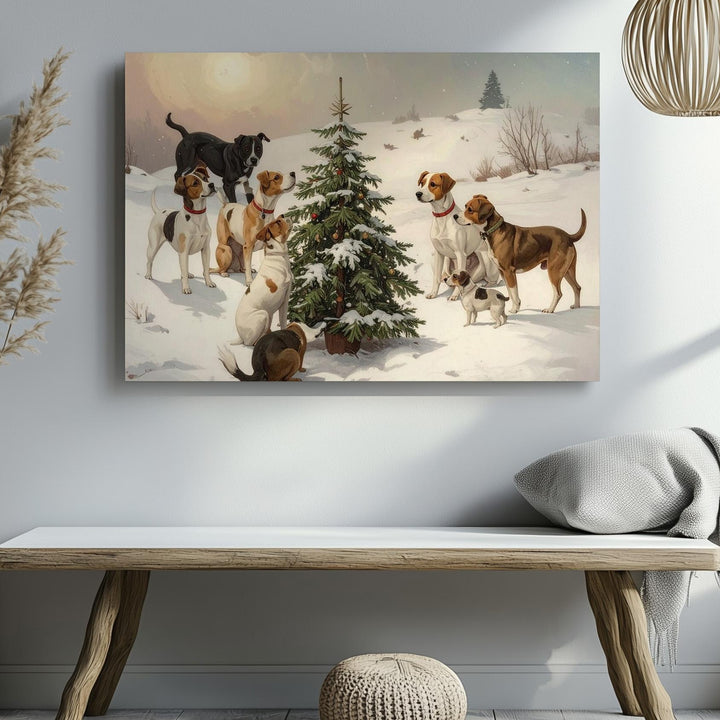Playful Holiday Dogs Canvas – Festive Christmas Tree Pet Scene - Gifitto