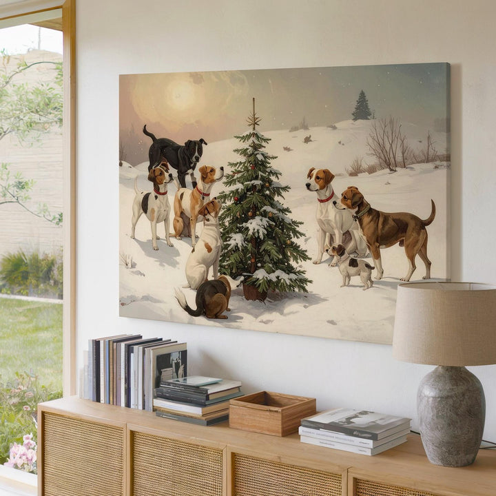 Playful Holiday Dogs Canvas – Festive Christmas Tree Pet Scene - Gifitto