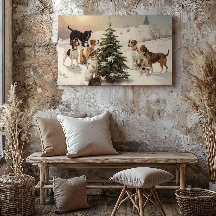 Playful Holiday Dogs Canvas – Festive Christmas Tree Pet Scene - Gifitto