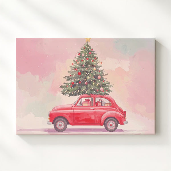 Whimsical Red Car Christmas Canvas – Festive Holiday Tree Ride Art - Gifitto