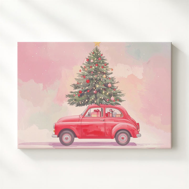 Whimsical Red Car Christmas Canvas – Festive Holiday Tree Ride Art - Gifitto