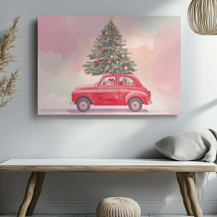 Whimsical Red Car Christmas Canvas – Festive Holiday Tree Ride Art - Gifitto