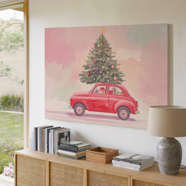Whimsical Red Car Christmas Canvas – Festive Holiday Tree Ride Art - Gifitto