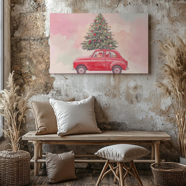 Whimsical Red Car Christmas Canvas – Festive Holiday Tree Ride Art - Gifitto