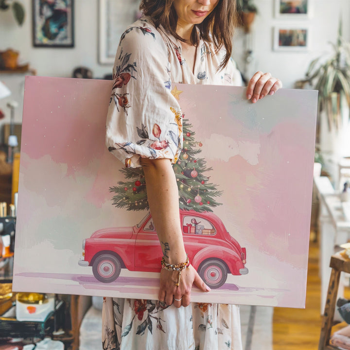 Whimsical Red Car Christmas Canvas – Festive Holiday Tree Ride Art - Gifitto