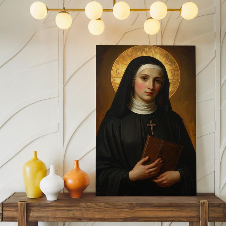 Virgin Mary as Nun Canvas – Devotional Portrait with Halo and Book - Gifitto