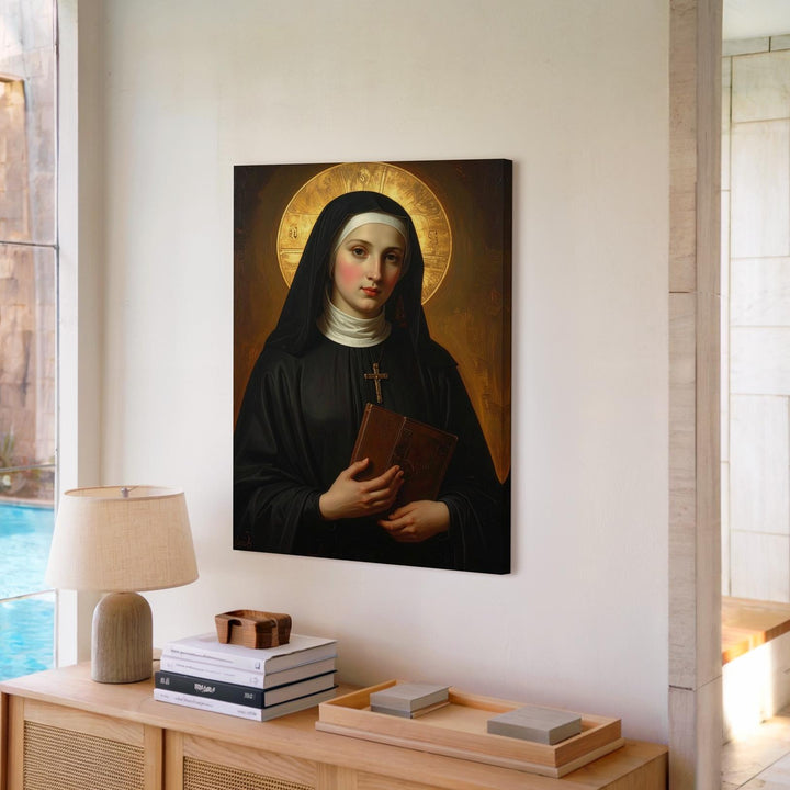 Virgin Mary as Nun Canvas – Devotional Portrait with Halo and Book - Gifitto