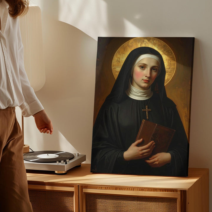 Virgin Mary as Nun Canvas – Devotional Portrait with Halo and Book - Gifitto