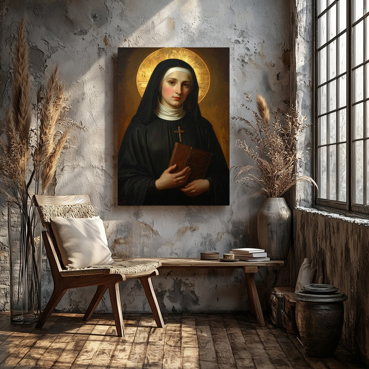 Virgin Mary as Nun Canvas – Devotional Portrait with Halo and Book - Gifitto