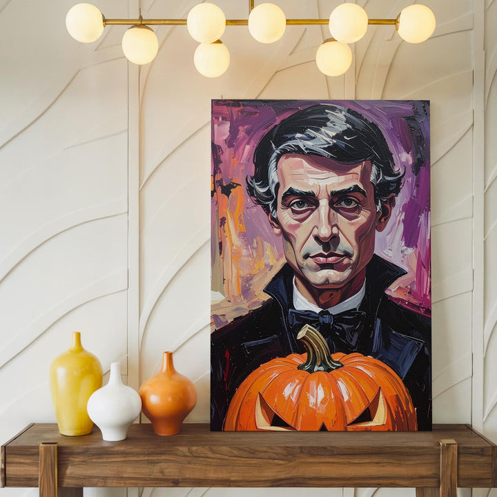 Edgar Allan Poe Pumpkin Portrait Canvas – Moody Gothic Halloween Art - Gifitto