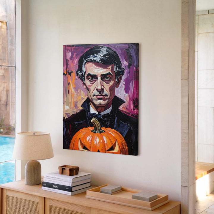 Edgar Allan Poe Pumpkin Portrait Canvas – Moody Gothic Halloween Art - Gifitto