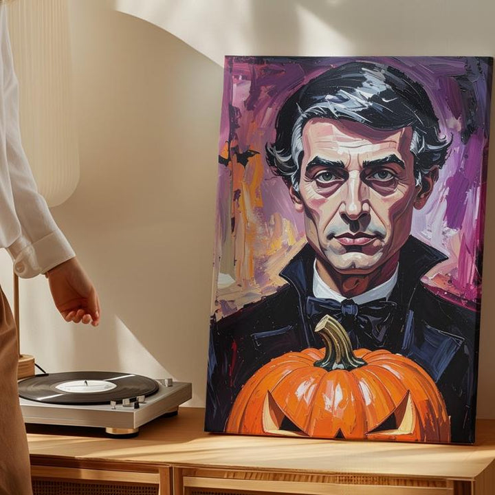 Edgar Allan Poe Pumpkin Portrait Canvas – Moody Gothic Halloween Art - Gifitto