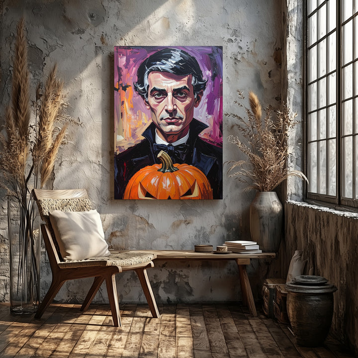 Edgar Allan Poe Pumpkin Portrait Canvas – Moody Gothic Halloween Art - Gifitto