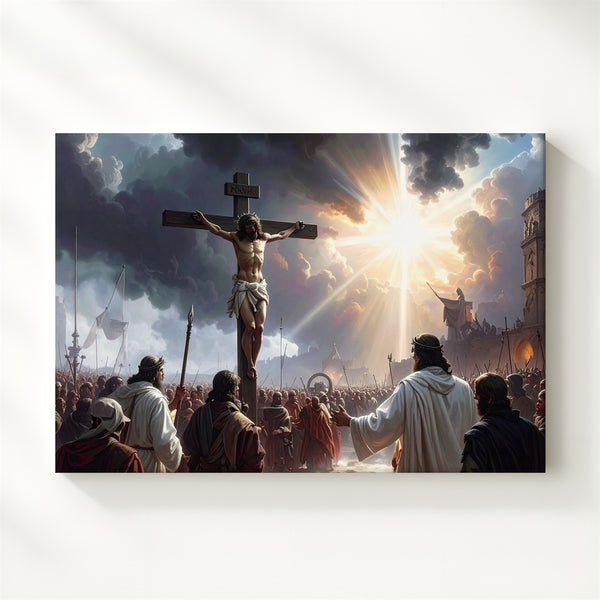 Dramatic Crucifixion Canvas – Jesus on Cross with Divine Light & Witnesses - Gifitto