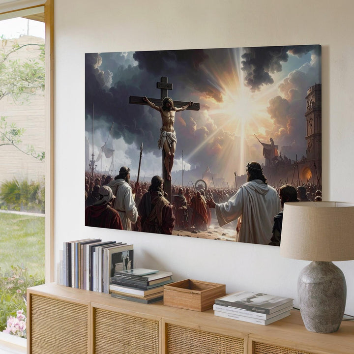 Dramatic Crucifixion Canvas – Jesus on Cross with Divine Light & Witnesses - Gifitto