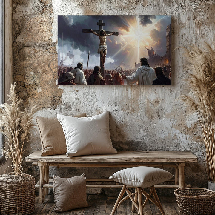 Dramatic Crucifixion Canvas – Jesus on Cross with Divine Light & Witnesses - Gifitto
