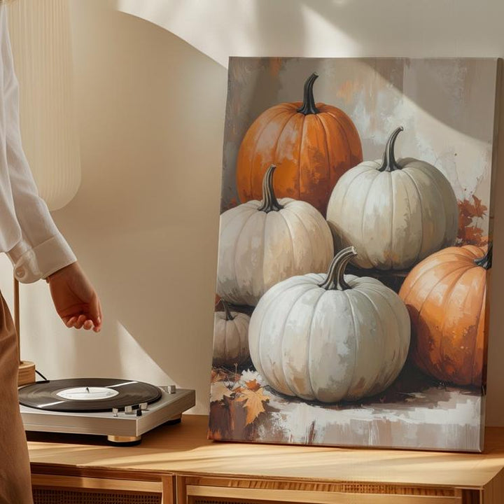Neutral Pumpkin Still Life Canvas – Vintage Beige Fall Wall Art - Gifitto