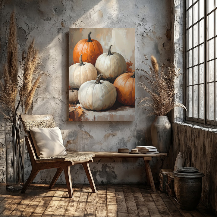 Neutral Pumpkin Still Life Canvas – Vintage Beige Fall Wall Art - Gifitto