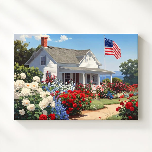 Patriotic Garden Cottage Canvas – Americana Summer Bloom Wall Art - Gifitto