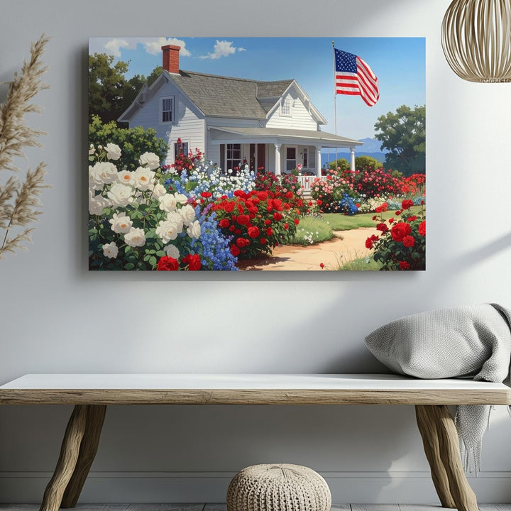Patriotic Garden Cottage Canvas – Americana Summer Bloom Wall Art - Gifitto