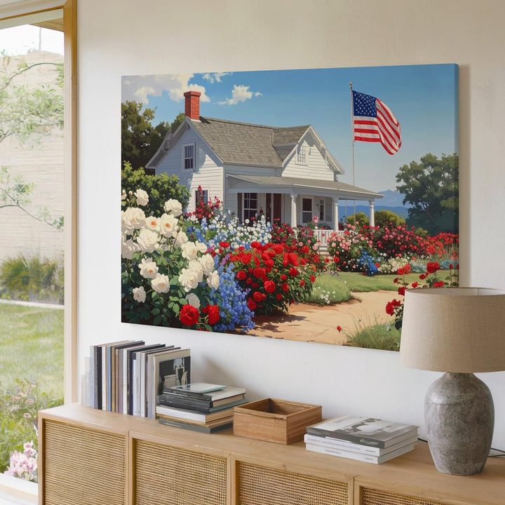 Patriotic Garden Cottage Canvas – Americana Summer Bloom Wall Art - Gifitto