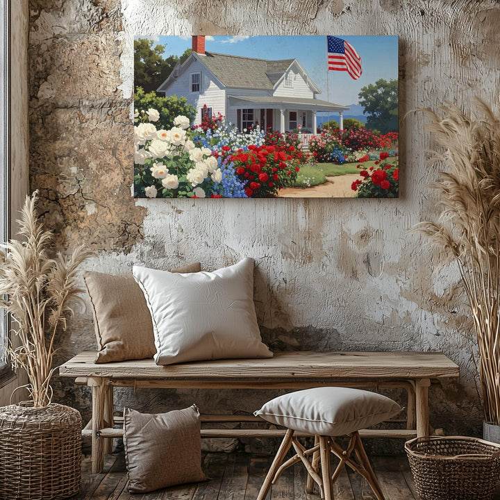 Patriotic Garden Cottage Canvas – Americana Summer Bloom Wall Art - Gifitto