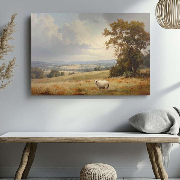 Solitary Sheep Canvas – Pastoral Landscape of Peace and Divine Watchfulness - Gifitto