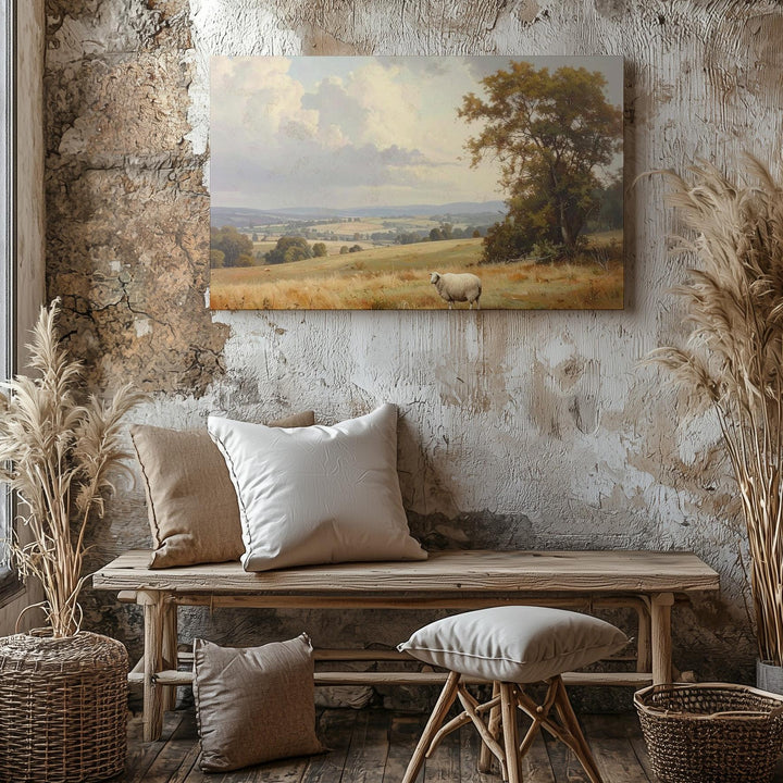 Solitary Sheep Canvas – Pastoral Landscape of Peace and Divine Watchfulness - Gifitto