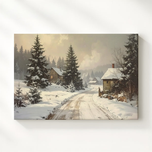 Snowy Village Road Canvas – Peaceful Holiday Country Scene - Gifitto