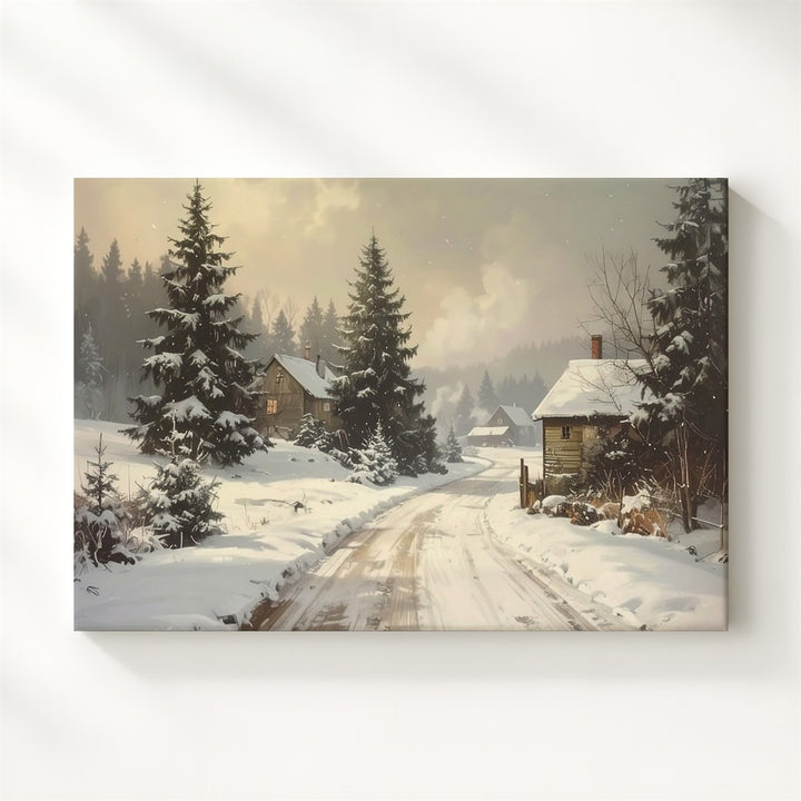 Snowy Village Road Canvas – Peaceful Holiday Country Scene - Gifitto