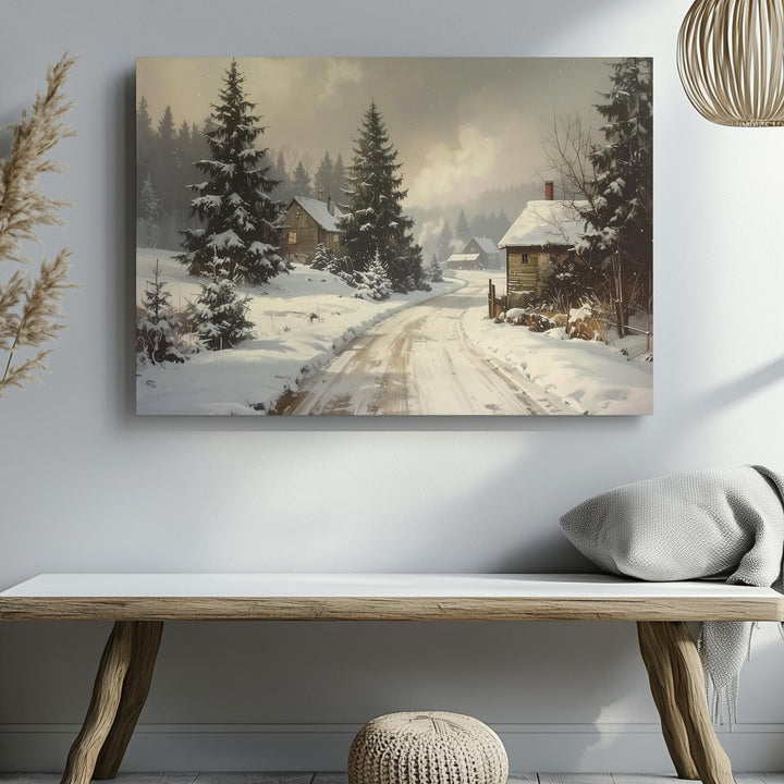 Snowy Village Road Canvas – Peaceful Holiday Country Scene - Gifitto
