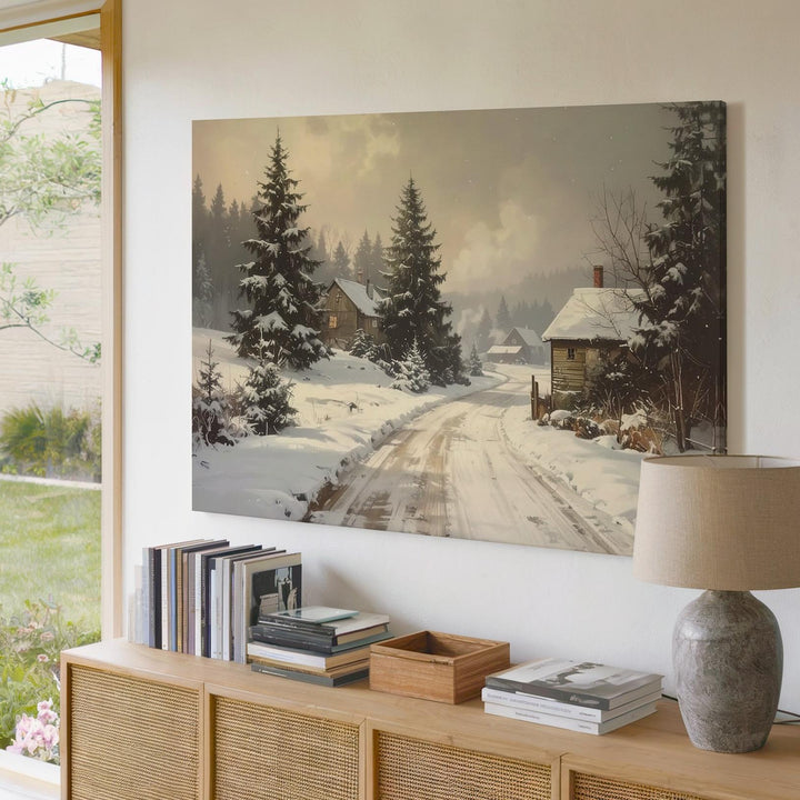 Snowy Village Road Canvas – Peaceful Holiday Country Scene - Gifitto