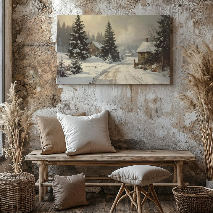 Snowy Village Road Canvas – Peaceful Holiday Country Scene - Gifitto