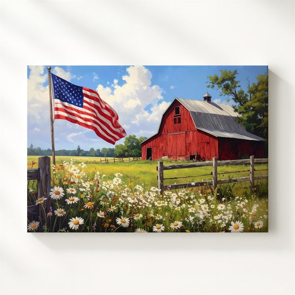 Red Barn & Daisy Field Canvas – Patriotic Farm Landscape Wall Art - Gifitto