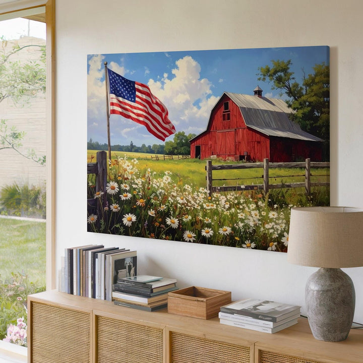 Red Barn & Daisy Field Canvas – Patriotic Farm Landscape Wall Art - Gifitto
